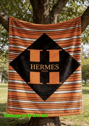 Luxury Hermès H Logo Striped Flannel Sofa Throw Blanket IMG_4937